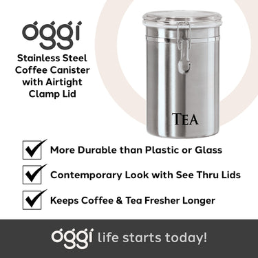 Oggi Stainless Steel Tea Canister 62 fl oz - Airtight Clamp Lid, Clear See-Thru Top - Ideal for Tea Bag Storage, Loose Tea Storage, Kitchen Storage, Pantry Storage. Large Size 5
